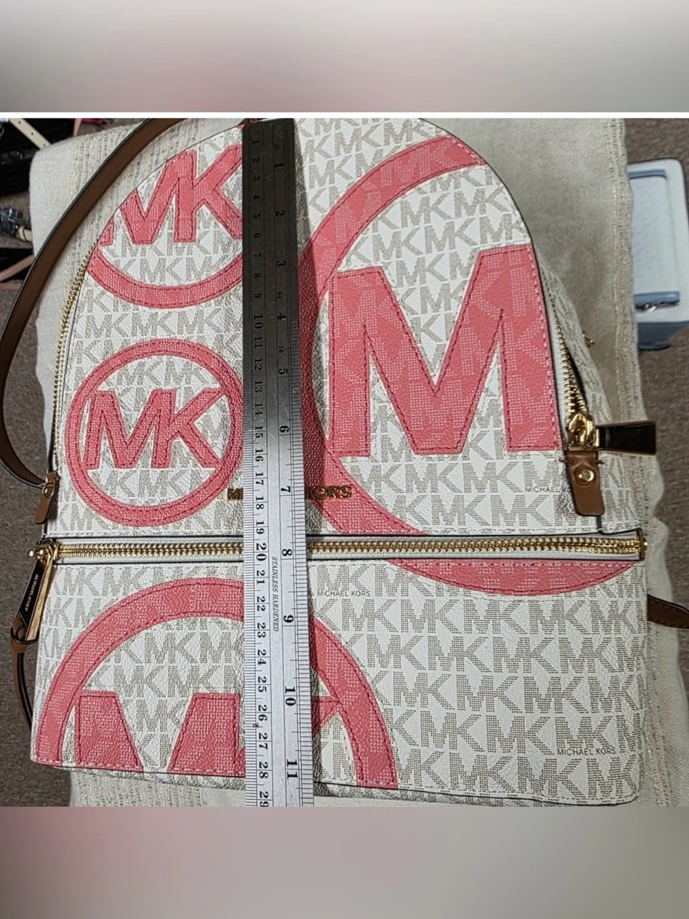 Michael Kors White & Pink MK Logo Backpack